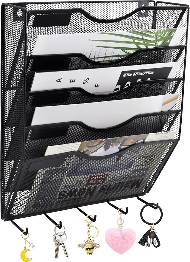 5 Pocket Mesh Hanging File Organizer with Key Holder Hooks & Nametag Label, Wall Mounted Mail Paper Document Folder Storage Organization Magazine Rack for Office Cubicle, 5 Tier Black by EASEPRES
