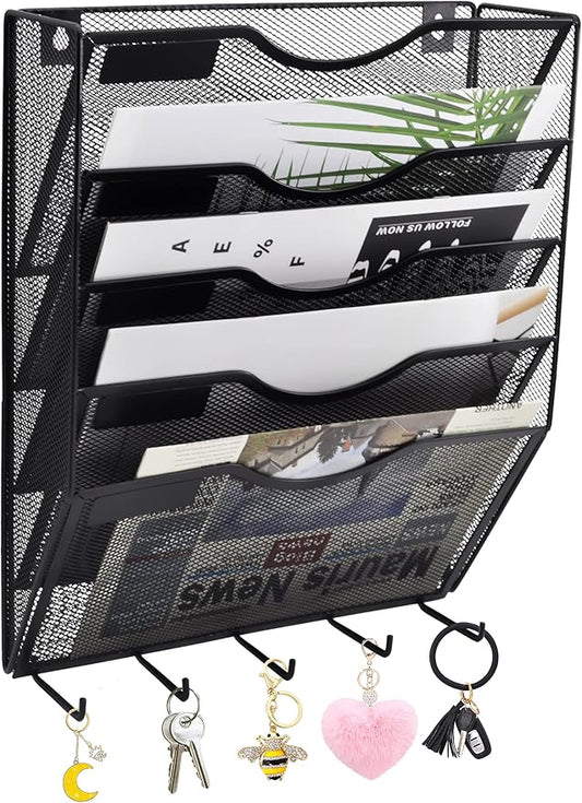 5 Pocket Mesh Hanging File Organizer with Key Holder Hooks & Nametag Label, Wall Mounted Mail Paper Document Folder Storage Organization Magazine Rack for Office Cubicle, 5 Tier Black by EASEPRES
