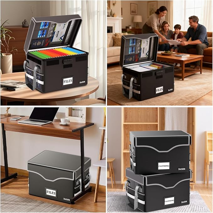 DocSafe 5200°F Fireproof Document Box with Lock,Heat Insulated File Organizer Storage with Pockets,Collapsible Portable Home Office File Safe Box with Handle for Hanging Letter/Legal Folders, Black - Image 2
