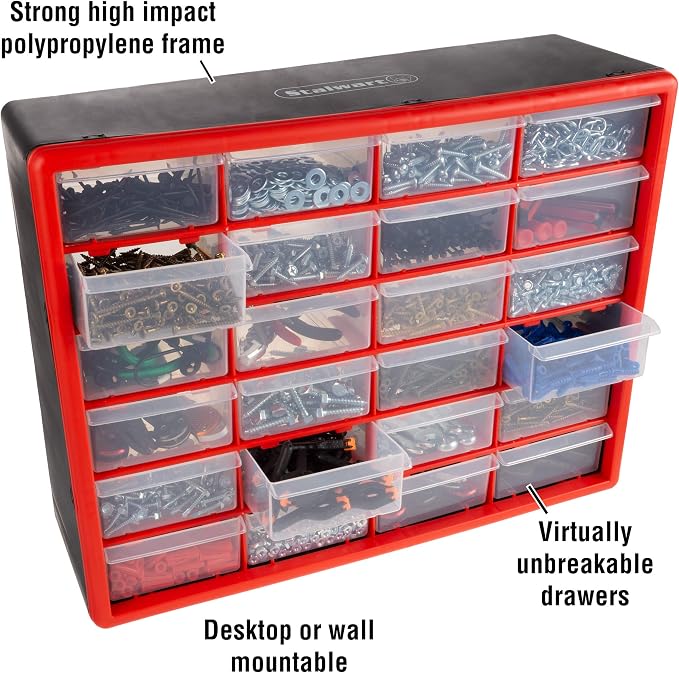 24 Plastic Drawers Organizer - Compartment Storage - Desktop and Wall Mount Container for Hardware, Parts, Crafts, Beads, and Tools by Stalwart (Red) - Image 4