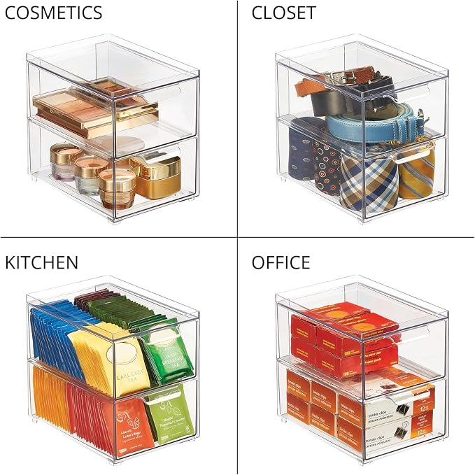 mDesign Stackable Storage Containers Box with 2 Pull-Out Drawers - Stacking Plastic Drawer Bins for Master or Guest Bathroom, Linen Closet, Vanity, or Makeup Table - Lumiere Collection - 2 Pack, Clear - Image 7
