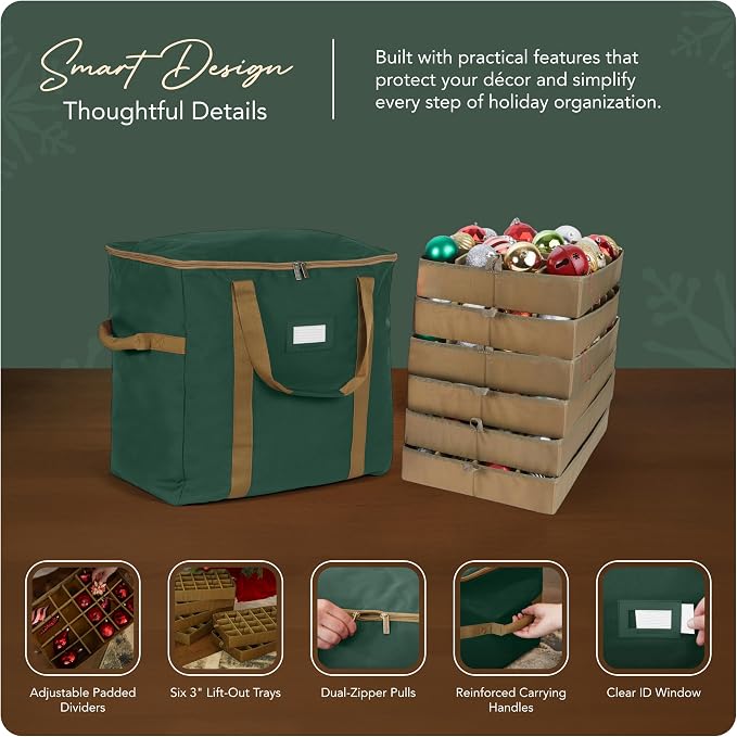 Covermates Keepsakes Adjustable Ornament Storage Bag – Heavy-Duty Polyester, Padded Dividers & FlexGrid Trays – Protective Holiday Ornament Organizer with Handles & Label Window, Green - Image 4