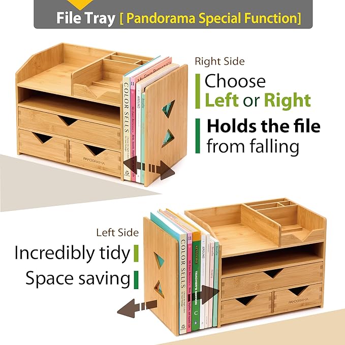 Pandorama Bamboo Desk Organizer Large - A4 Drawers & Adjustable File Holder, Fully Assembled Wood Desktop Storage for Kitchen, Bedroom, Bathroom, Study Room - Image 3