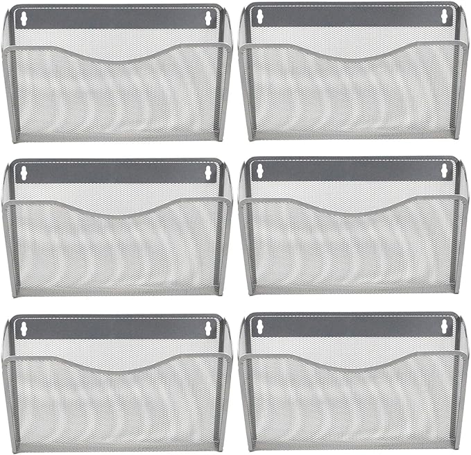 6 Single Pocket Mesh Hanging File Organizer, Vertical Wall Mounted Magazine File Holder, Mount Basket Mail Paper Document Folder Organizing for Office, Home and School, Silver - Image 7