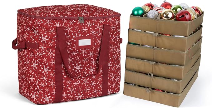 Covermates Keepsakes Adjustable Ornament Storage Bag – Heavy-Duty Polyester, Padded Dividers & FlexGrid Trays – Protective Holiday Ornament Organizer with Handles & Label Window, Red Snowflake by Covermates