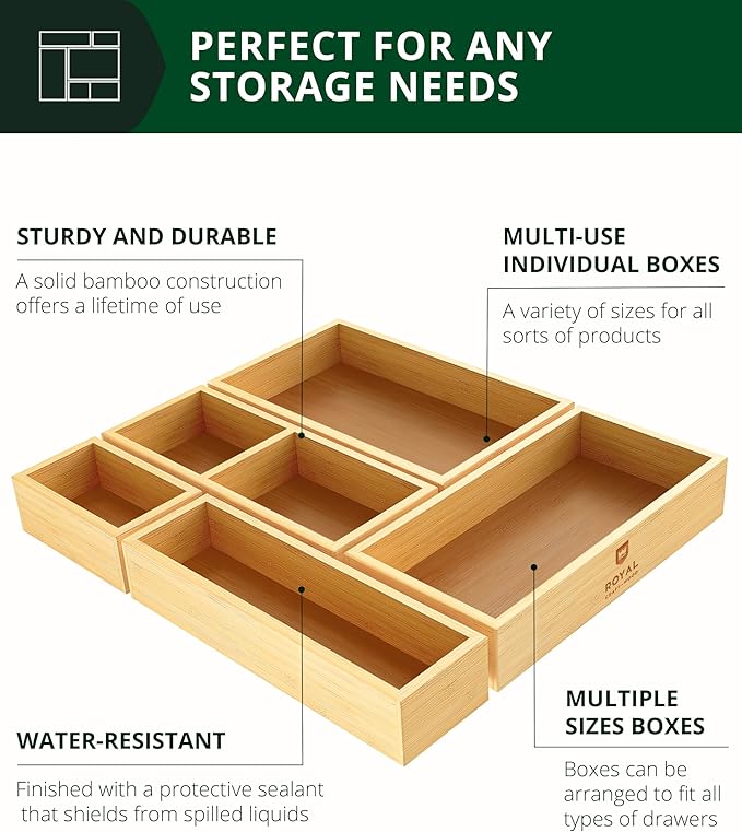 ROYAL CRAFT WOOD 5-Piece Bamboo Drawer Organizer Set – Multi-Use Storage Trays for Kitchen, Bathroom, Office, Makeup, Jewelry & More – Junk Drawer Tray, Utensil Holder, Storage Box & Bin Set (5 Boxes) - Image 3