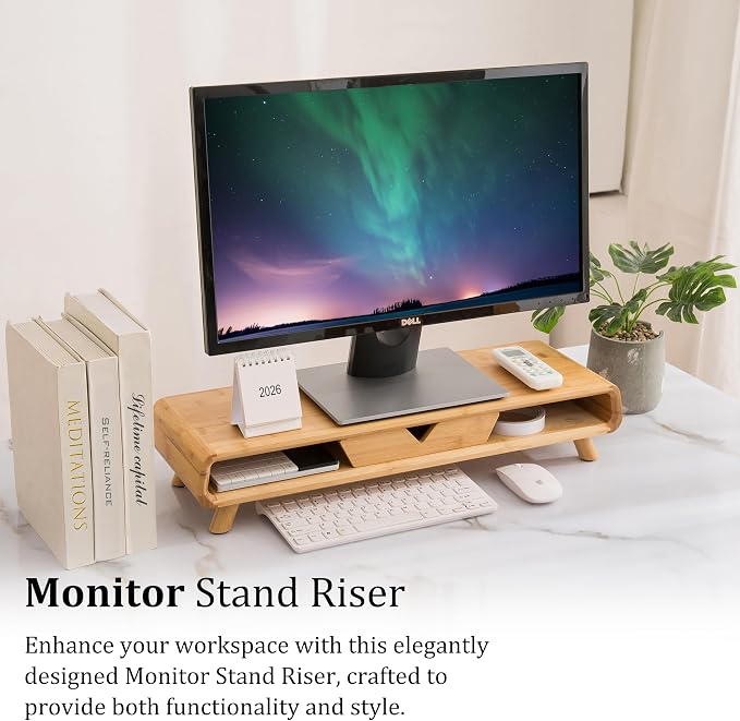 Homerays Bamboo Monitor Stand Riser, No Assembly Required Exquisite Monitor Stand with Drawer Ergonomic Height Wood Monitor Stand - Image 6