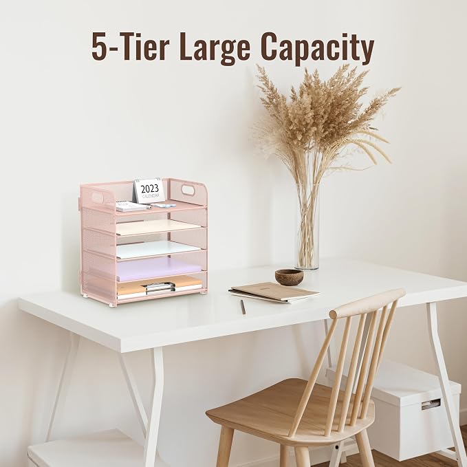 5 Trays Paper Organizer Letter Tray with Handle-Mesh Desk File Holders, Paper Sorter Desk Organizer for Office, Home, Classroom or School, Pink - Image 5