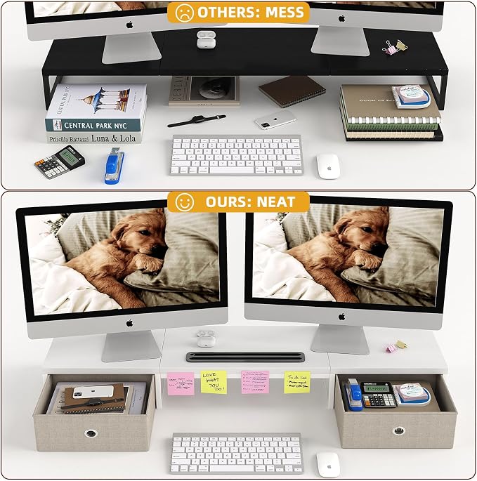 39 Inch Dual Monitor Stand Riser with 2 Drawers - Large White Wooden Computer Stand for 2 Monitors, Ergonomic Desk Organizer with Phone Holder, Desktop Storage for Laptop, Office Supplies, Home Office - Image 4