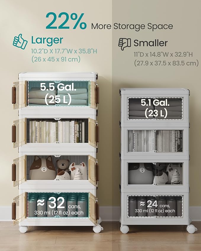 SONGMICS 26QT Plastic Storage Bins with 1 Lid, 4-Tier Stackable Bins with Doors and Wheels, Foldable Storage Boxes, for Closets, Bedroom, Living Room, Office, White URLB445WZ01 - Image 3