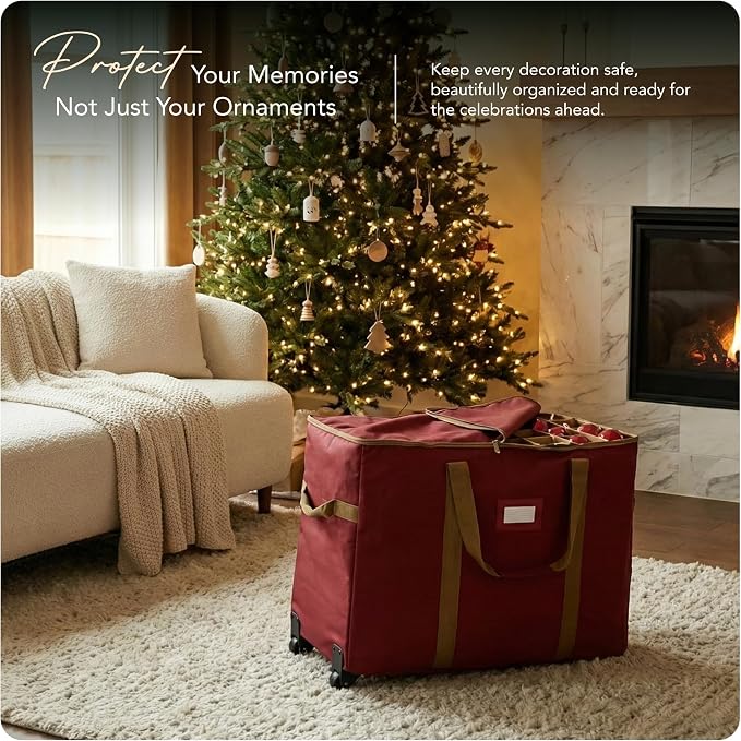 Covermates Keepsakes Rolling Adjustable Ornament Storage Bag – Heavy-Duty Polyester, FlexGrid Trays & Padded Dividers – Protective Holiday Organizer with Wheels, Handles & ID Window, Red - Image 2