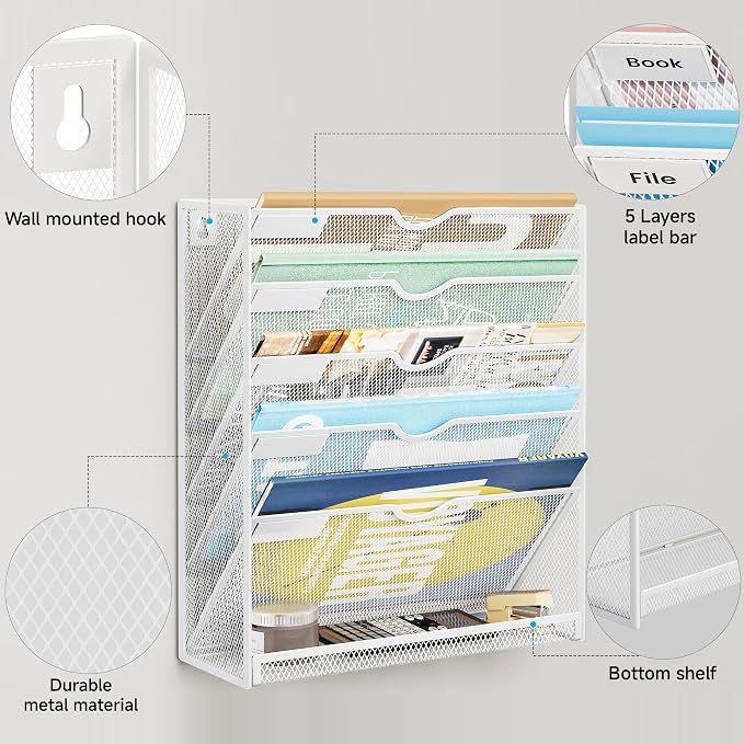 Lavatino 6-Tier Hanging File Organizer, Wall Mount File Holder for Mails Folders Papers Magazine Organization, Vertical Document Organizer for Office Home - (White) - Image 5