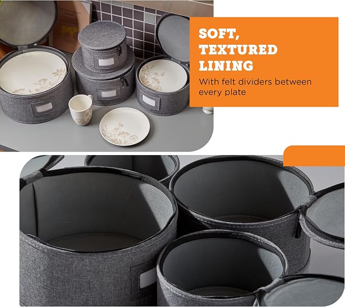 4-Piece China Plate Storage Set | Hard Shell Dividers | Gray | 4 Hard Shell Plate Cases - Dinner, Salad, Dessert & Saucer, 12 Plates Each, 48 Total. Felt Dividers, Stackable. - Image 5