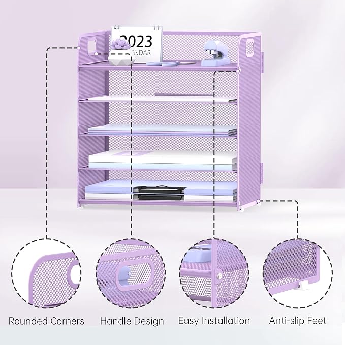 2 Pack 5-Tier Purple Desk Organizer with Handle Mesh Desk File/Paper Organizer Letter Tray for Office, School and Home Easy Installation Purple Office Supplies - Image 3