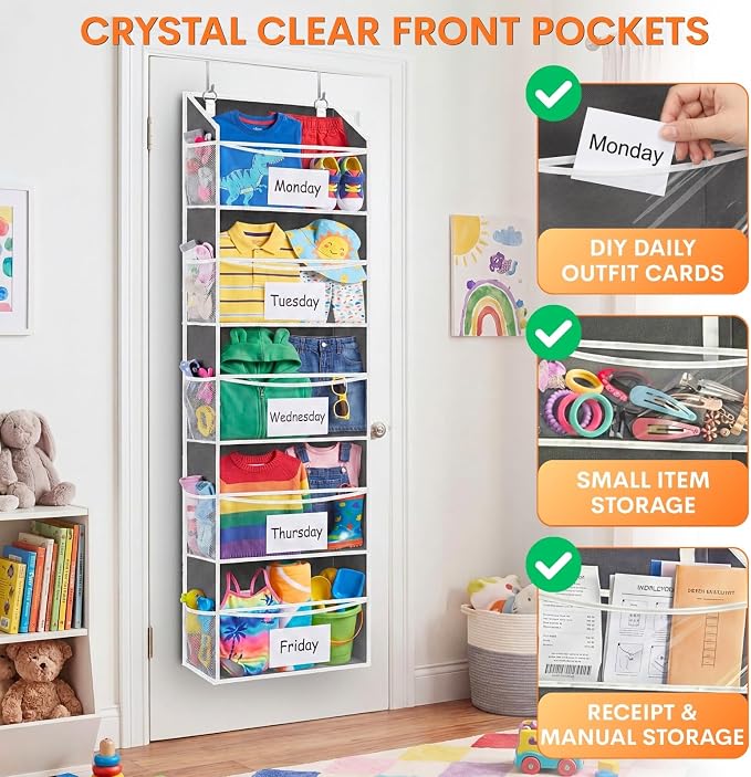 5Tiers Over Door Organizer, Weekly Clothes Organizer for Kids | 5 clear PVC front pockets, 10 mesh side pockets, weekly outfit planner, for kids, dorm, entryway, RV, 50 lbs capacity - Image 2