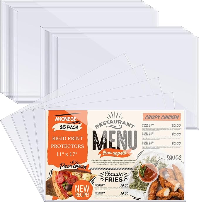 AKONEGE 25Pcs 11" x 17" Rigid Print Protectors Hard Plastic Sleeves for Prints, Menu Cover, Heavy Duty Sheet Poster Protectors Clear Plastic Sleeves for Paper Photos Documents Magazines, Horizontal by AKONEGE