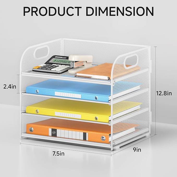 Lavatino Paper Organizer for Desk, 4-Tier Desk Organizer Tray, Mesh Desktop File Organizers with Handle, Office Classroom Organization and Storage-White - Image 2
