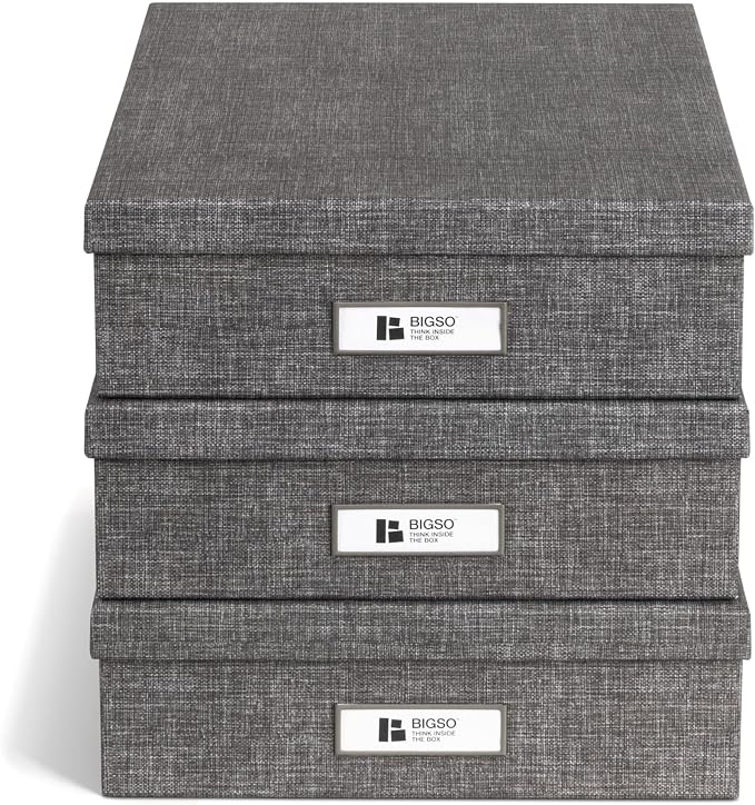 Bigso Oskar Canvas Fiberboard Document Letter Box for Important Paperwork A4 or Letter Size - Durable Keepsake Box with Lid and Metal Label Holder - 3.3in x 10.2in x 13.8in - Melange Grey - 3 Pack - Image 2