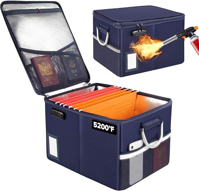 TOMKID 5200°F Fireproof Document Box, Fire Important Document Organizer with Lock, Upgraded Heat Insulated Filing Storage Cabinet Office Organization (5200°F Fireproof Box, Blue) by Aobteeny