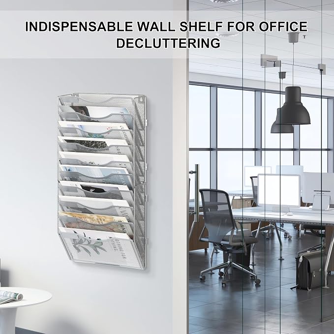 EasyPAG Wall File Organizer for Office 10 Pocket Mesh Wall Mounted Paper Organizer Hanging Folder Holder with Nametag Label for Home School, Silver - Image 4