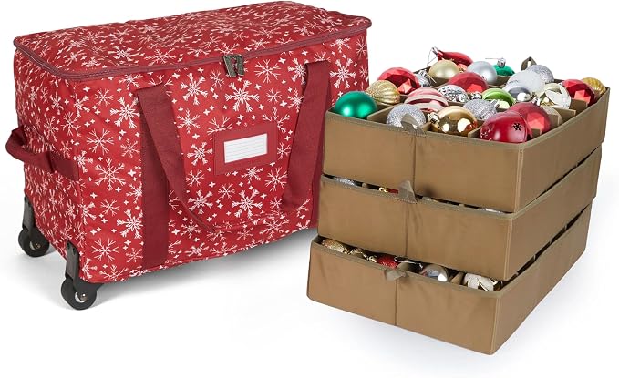 Covermates Keepsakes Rolling Adjustable Ornament Storage Bag – Heavy-Duty Polyester, FlexGrid Trays & Padded Dividers – Protective Holiday Organizer with Wheels, Handles & ID Window, Red Snowflake by Covermates