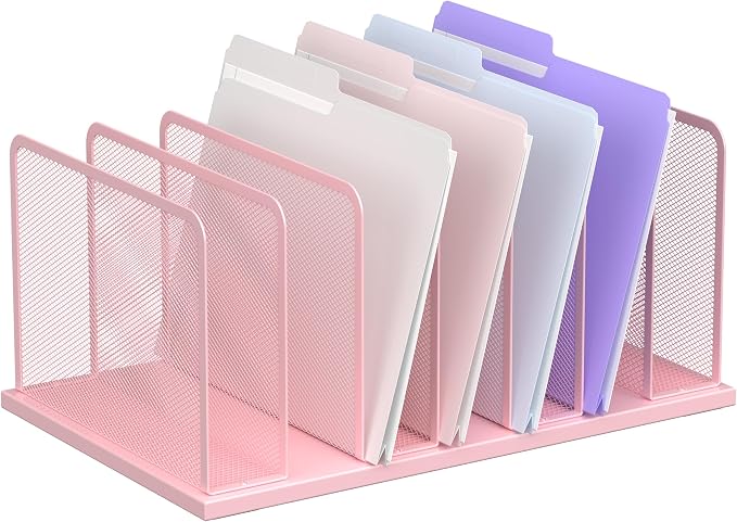 Kuntine.B 7-Section Upright Desk File Organizer Pink 1 Pack | Vertical, Mesh, Metal, Assembly, Stability, Sturdiness, Organization, Standing by KuntineB