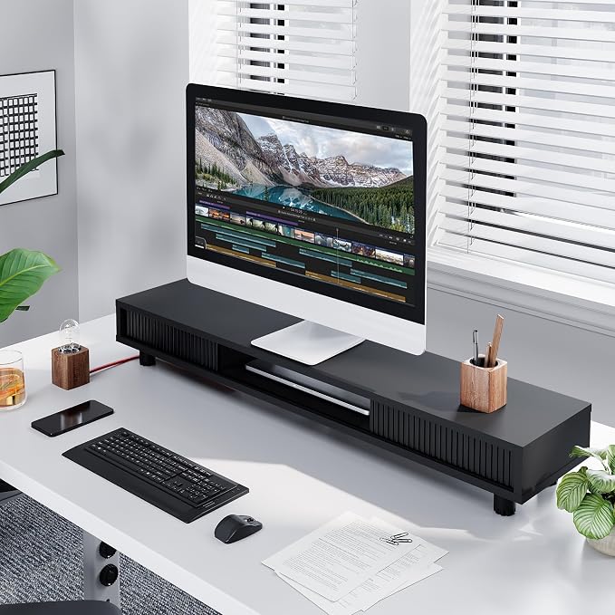 Fenge Dual Monitor Stand with Storage, Desk Shelf with Glass Sliding Door | Ergonomic Height Adjustment, 42.5in Monitor Shelf, 2-Tier Monitor Riser, Desk Organizer for Screen, PC, Laptop, Balck - Image 5
