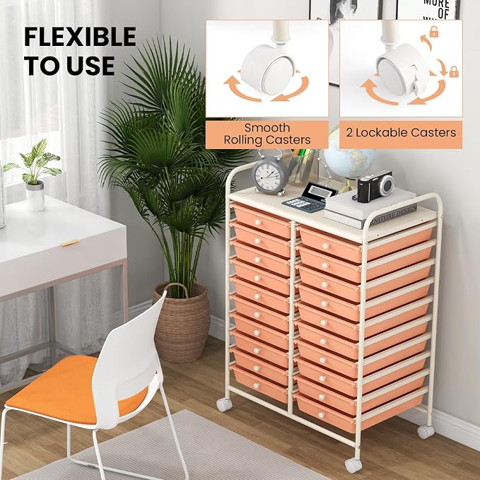 Giantex 20 Drawers Rolling Cart, Mobile Storage Drawer Cart, Classroom Organizer for Office School Supplies Tools Scrapbook Paper Craft Small Printer, Utility Stand on Wheels, Peach - Image 6