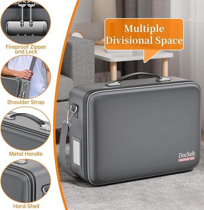 DocSafe Fireproof Document Box with Lock＆Shoulder Strap,Hard Case File Organizer with Accordion File Folder,Multi-Layer Portable Home Office Travel Safe Storage for Important Documents Laptop Gray - Image 4