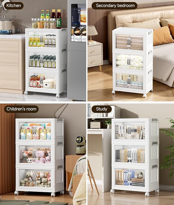 Hanyi 105 QT Stackable Storage Bins with Lids, 3 Tier Collapsible Plastic Storage Cabinet with Magnetic Doors, Removable Top Lid, Locking Wheels, Closet Organizer for Bedroom, Pantry, Office - Image 6