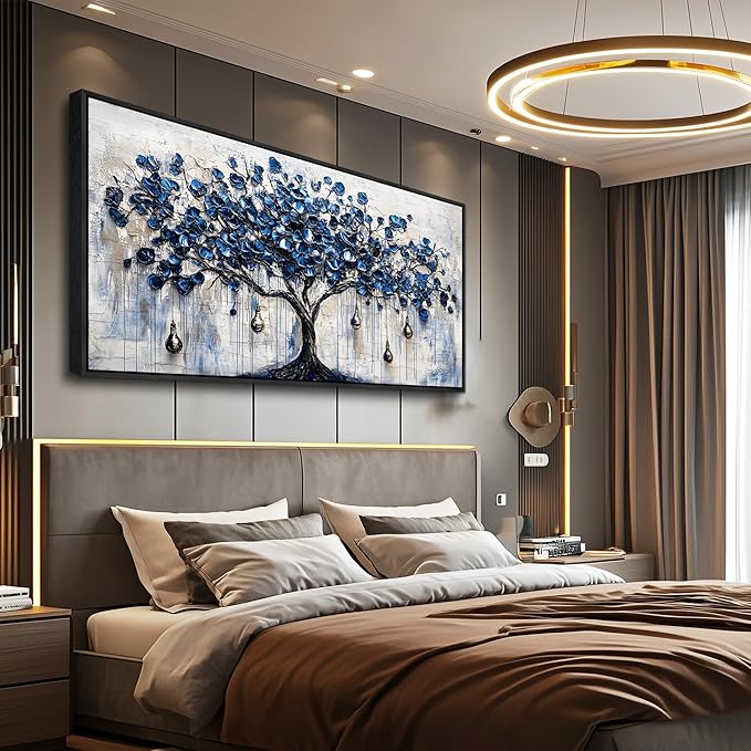 XIGUANGART Tree of Life Large Wall Art Watercolor Blue Farmhouse Framed Artwork Tree & bell Canvas Prints Pictures Modern Abstract Paintings Wall Decor for Living Room Bedroom Home Office Decoration