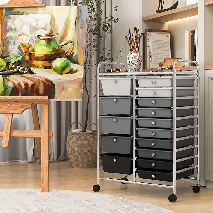 DORTALA 15-Drawer Rolling Storage Cart with Drawers, Rolling Utility Cart w/Removable Drawers & Universal Wheels, Tools Scrapbook Paper Organizer for School, Office, Home, Classroom (Gradient Black) - Image 4