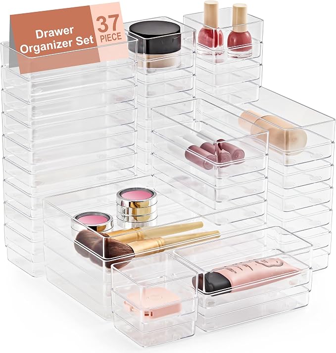 SMARTAKE 37 PCS Drawer Organizer 4 Size Desk Makeup Drawer Organizer Clear | Storage Trays with Non Slip Silicone Pads for Makeup , Jewelries, Utensils in Bedroom Dresser, Office, Kitchen and Bathroom by SMARTAKE