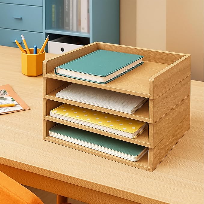 Wooden Paper Tray Organizer for Desk, Stackable Paper Holder and Letter Tray, 4-Tier Desktop File Storage Rack for Study,Home and Office (Oak, 14" x 9.5" x 2.5") - Image 5