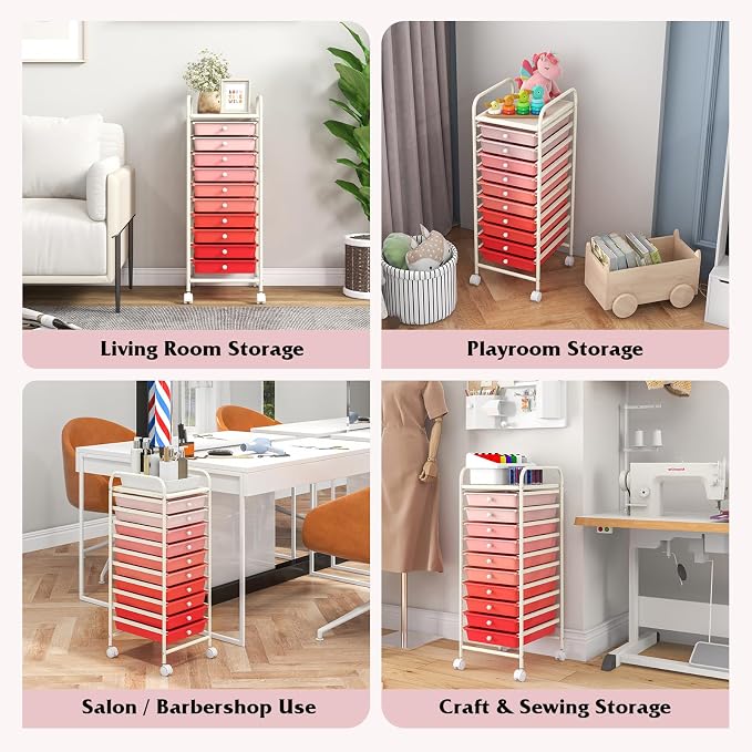 Giantex 10-Drawer Storage Cart w/Universal Wheel, Rolling Cart w/Handle, Home Organizer Storage Unit w/Removable Drawers, Trolley Utility Cart for Kitchen Makeup Living Room Office Play Room - Image 7