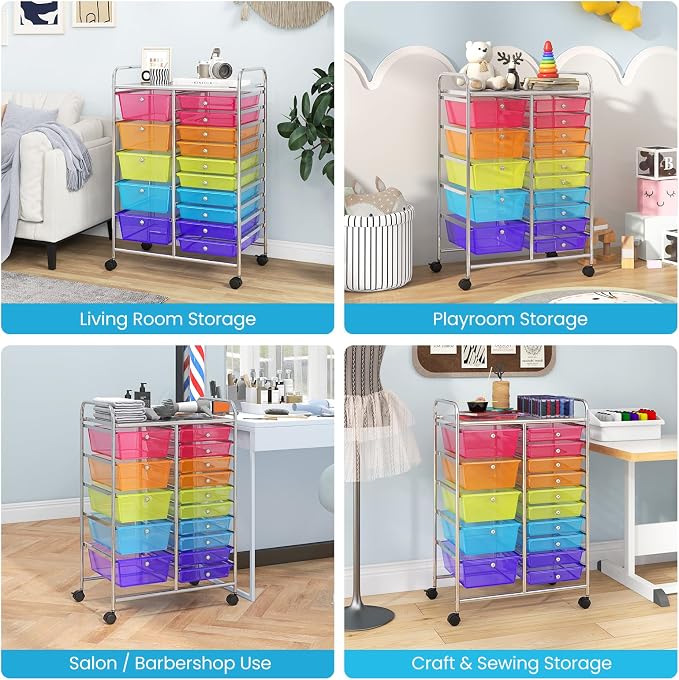 Giantex 15 Drawer Rolling Cart with Drawers, Storage Organizer Cart for Classroom Office School Teacher, Mobile Drawer Cart for Tools, Crafts, Small Printer, Paper (Clear Red+Orange+Green+Blue+Purple) - Image 9