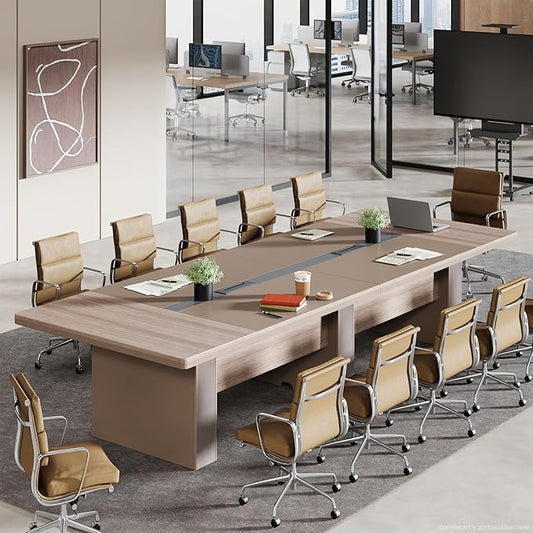 142" Conference Table for 10–12, Large Rectangular Meeting Table with Dual Cable Management Boxes & 1.6" Thick Top, Modern Wood Boardroom Table for Office Conference Room