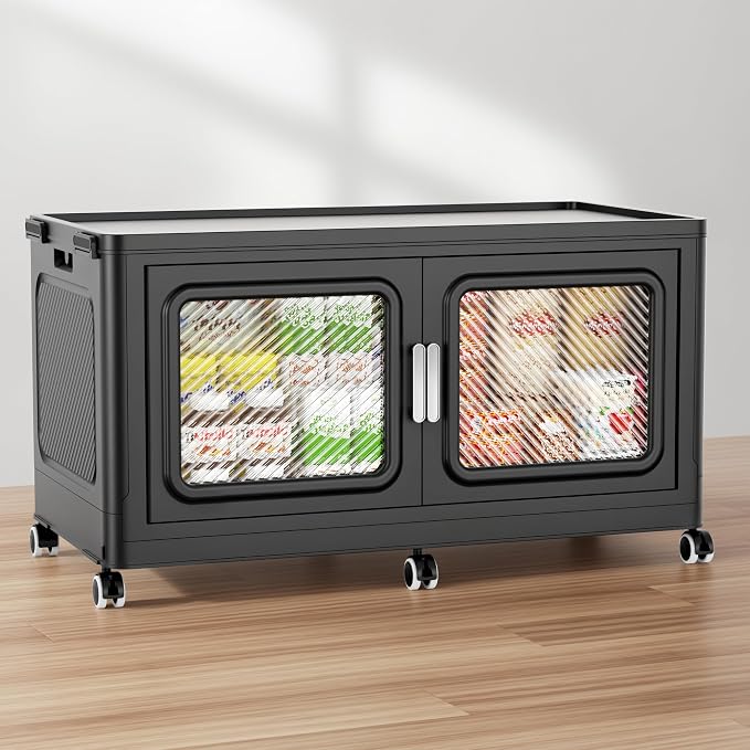 BROVIEW 660 Qt/165 Gal Stackable Storage Bins with Lids, 3 Pack, Black | Large Stackable Storage Boxes w/ 3 Lid Folding Plastic Cart Organizer for Home Kitchen, Open Front Clear Door with Wheels - Image 5