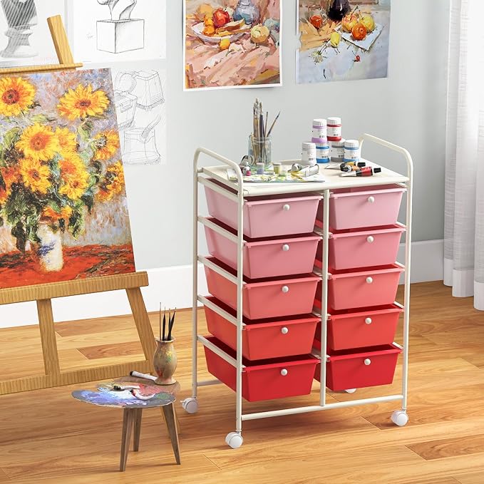 Moccha 10-Drawer Rolling Storage Cart - Under Desk Storage Drawers with wheels for Craft Art Supply Paper Salon, Scrapbook Paper Tools, Mobile Utility Cart for Classroom, Gradient Pink by LDAILY