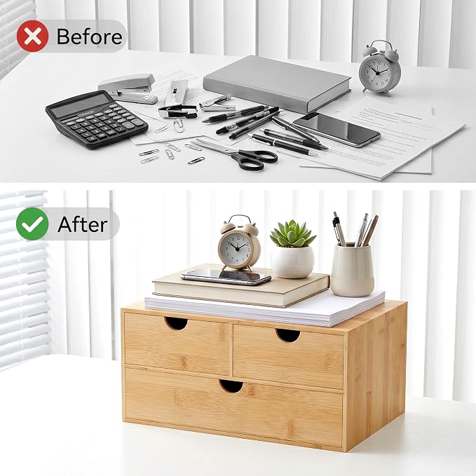 Bamboo Desk Organizer with Drawers, Desktop Storage for Office Supplies | 3 Drawers Desktop organizer, No Assembly Required, Natural Wood Wooden Desktop Drawers Box for Bills, Cosmetics, Seals, Paper - Image 6