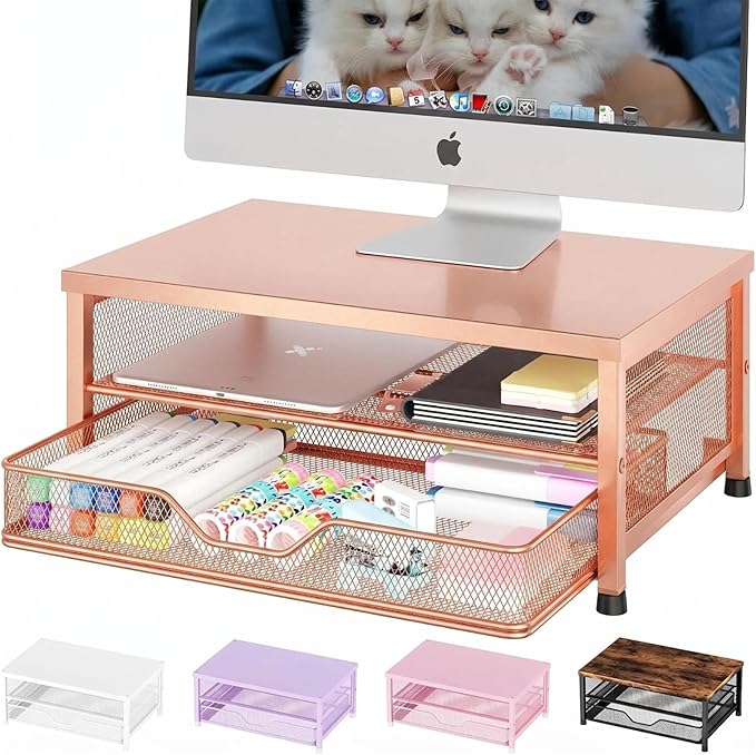 Computer Monitor Stand Riser, Desk Organizer with Drawer, Printer & Laptop Stand, Office Desk Accessories & Workspace Desktop Organizers Storage for Office Supplies(Rose Gold) by OPNICE