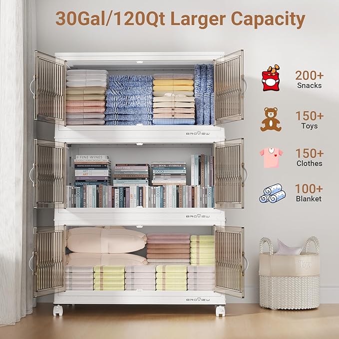 BROVIEW 480Qt Stackable Storage Bins with Lids, Extra Large Closet Organizer Collapsible Drawer Boxes with Wheels, Folding Plastic Cabinet Containers for Home Kitchen Room Organization, 4Pack White - Image 5