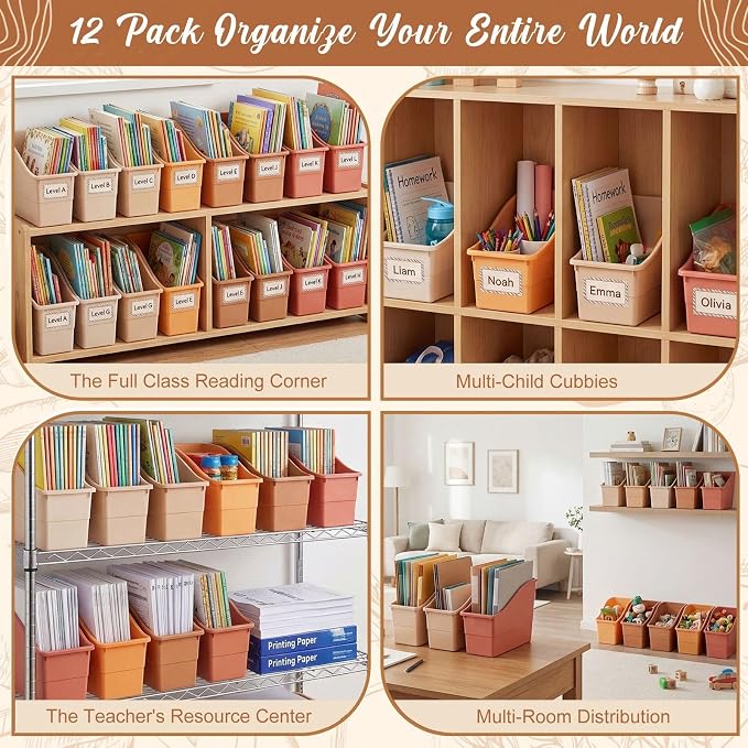 Blosssound 12 Set Book Bins for Classroom with Label Sticker Book Box Baskets Plastic Stackable Organizing Bins Storage & Organization for Classroom Library Home School Supplies (Earth Tones) - Image 5
