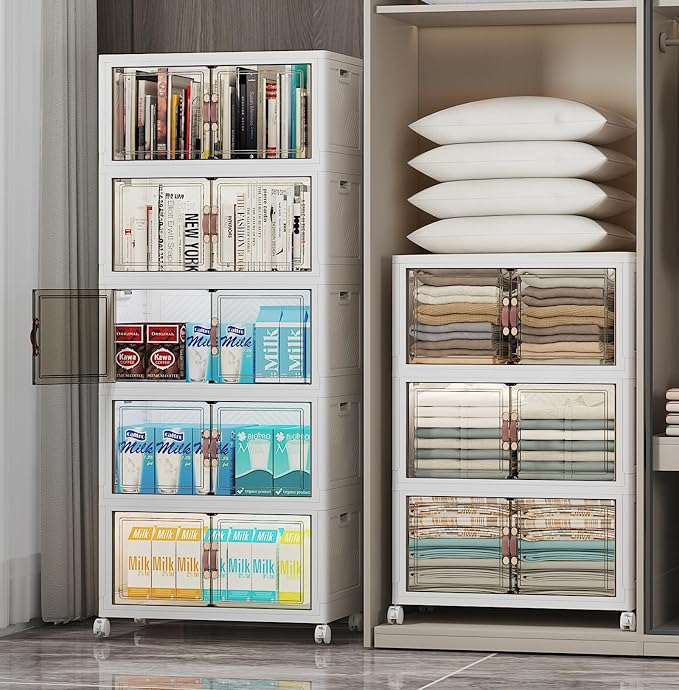 Stackable Storage Bins, 416QT Collapsible Drawers with 2 Lids | Large Capacity, Magnetic Door, Stack Lock, Rolling Wheels, Foldable Design, Organizers and Storage for Bedroom Dorm Garage by UAMFURIDirect