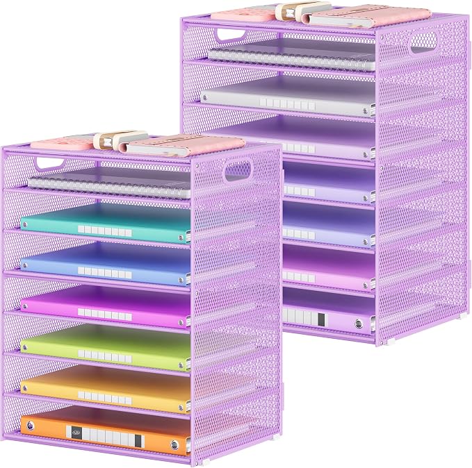 Lavatino 2 Pack 8-Tier Office Desk File Organizer, Letter Tray Paper Organizer with Handle, Including 5 Adjustable Slide Trays for Organizing Desk Workspace Accessories and Supplies (Purple Mesh) by Lavatino