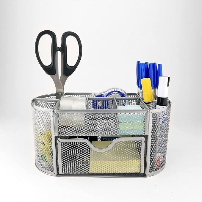 D.RECT Desk Organiser, Pen Holder, Pen Holder, Table Organiser Made of Metal, Office Tray with Note Holder Mesh, 350 x 297 x 275 mm, Silver - Image 2