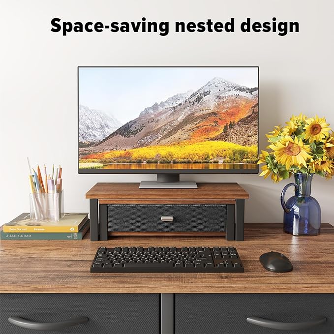 WOHOMO Dual Monitor Stand Riser with Drawers, Desk Organizers for 2 Monitors, Desktop Storage Stand for Computer,Laptop,Walnut - Image 5