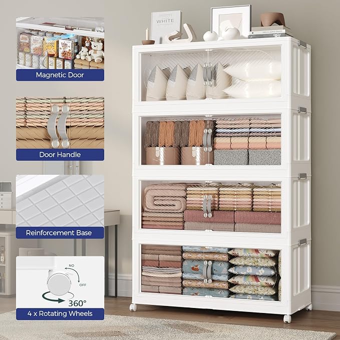 640QT Extra Large Stackable Storage Bins with Lid, 160Gal Plastic Closet Organizers and Storage Drawer, Collapsible Cabinet Box with Wheels Clear Doors for Home Kitchen Garage, 4Pack White - Image 7