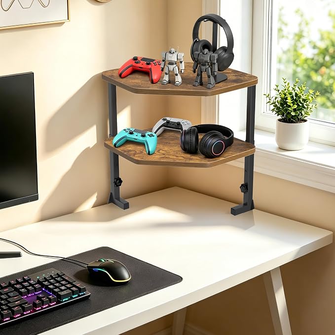 Corner Desk Shelf, Clamp on Desk Shelf Above or Below Desk 16" 2 Tier | Corner Clamp-on Shelving for Desk Corners for Small Spaces, Gaming Devices and Office Organizer, Space-saving L-shelf - Image 2
