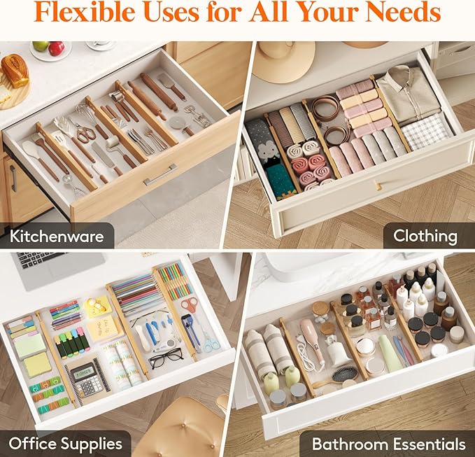 Lifewit 2.4" High 6 Pack Bamboo Drawer Dividers 45-55cm/17.5-22" Adjustable Wooden Drawer Organizer for Clothes/Utensils, Expandable Drawer Separator for Dresser/Kitchen/Bedroom/Office Organization - Image 6